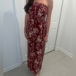 Strapless Floral Maxi Dress in Burgundy and Cream